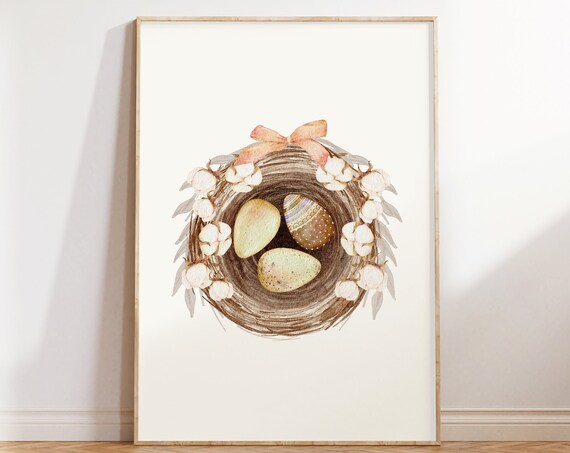 Watercolor Easter Bird Nest With Decorated Eggs Neutral Spring Poster