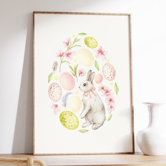 Watercolor Easter Bunny With Painted Eggs And Cherry Blossoms Poster