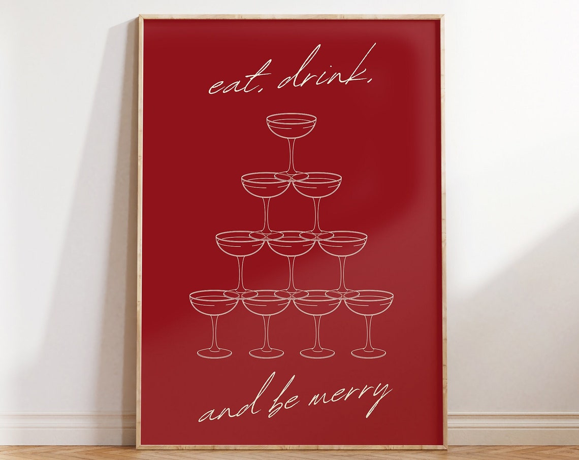 Eat Drink And Be Merry Champagne Tower Red Holiday Toast Poster - Image 5