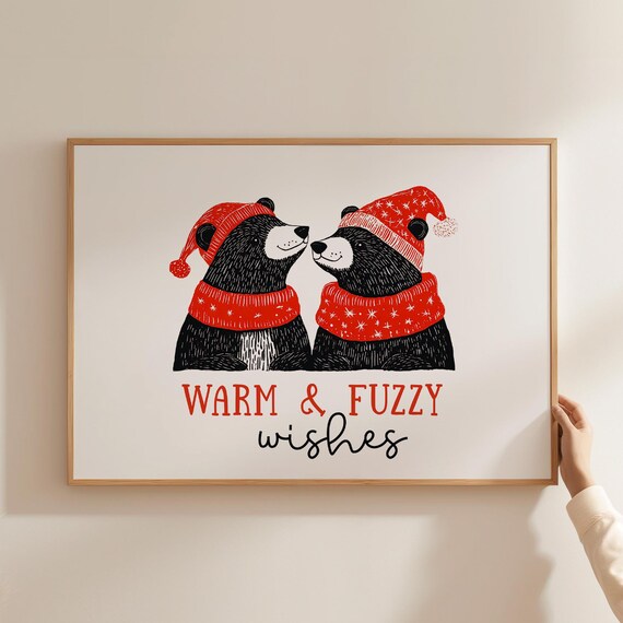 Warm and Fuzzy Wishes Bears in Santa Hats Red Christmas Poster