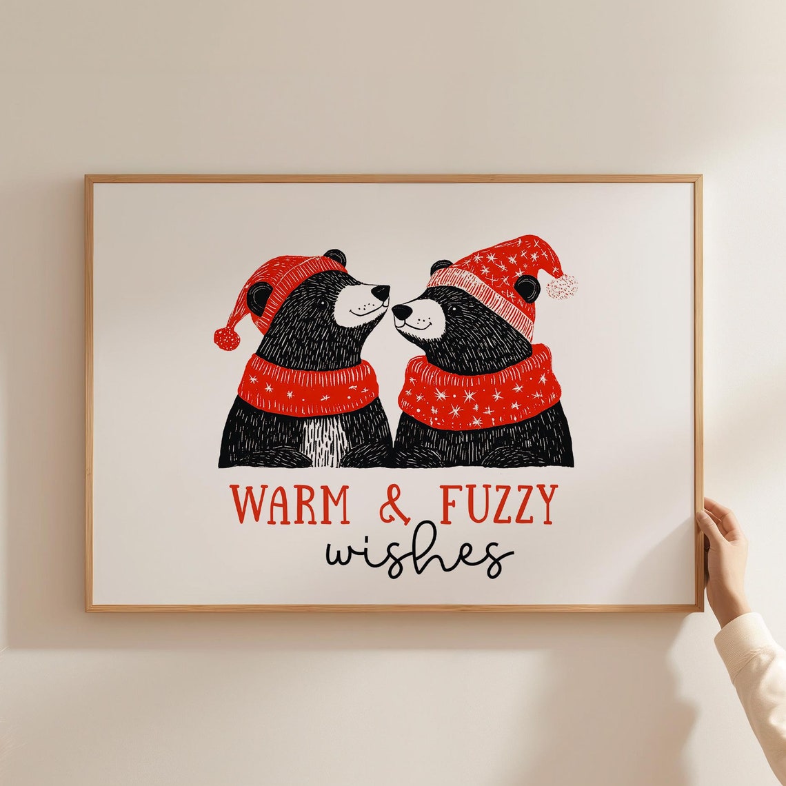 Warm and Fuzzy Wishes Bears in Santa Hats Red Christmas Poster