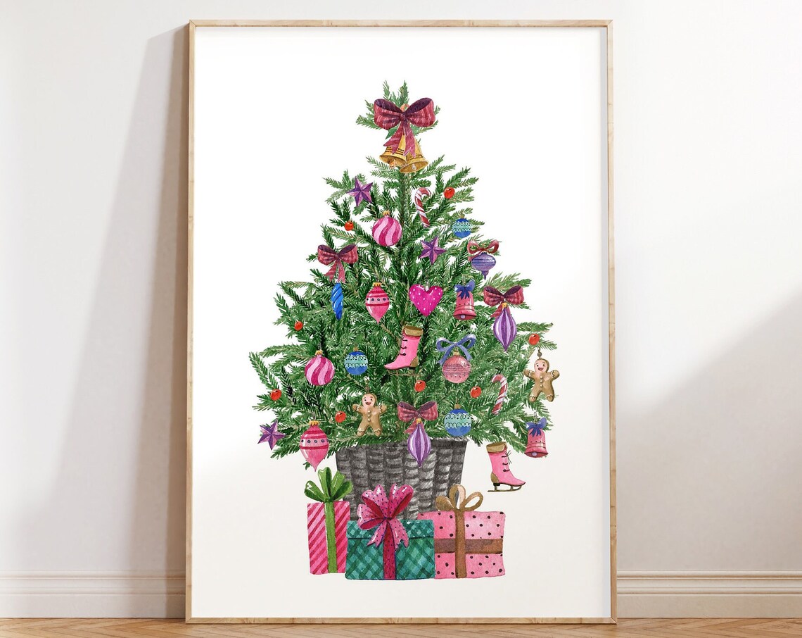 Pink Christmas Tree Watercolor With Gifts Preppy Holiday Wall Art