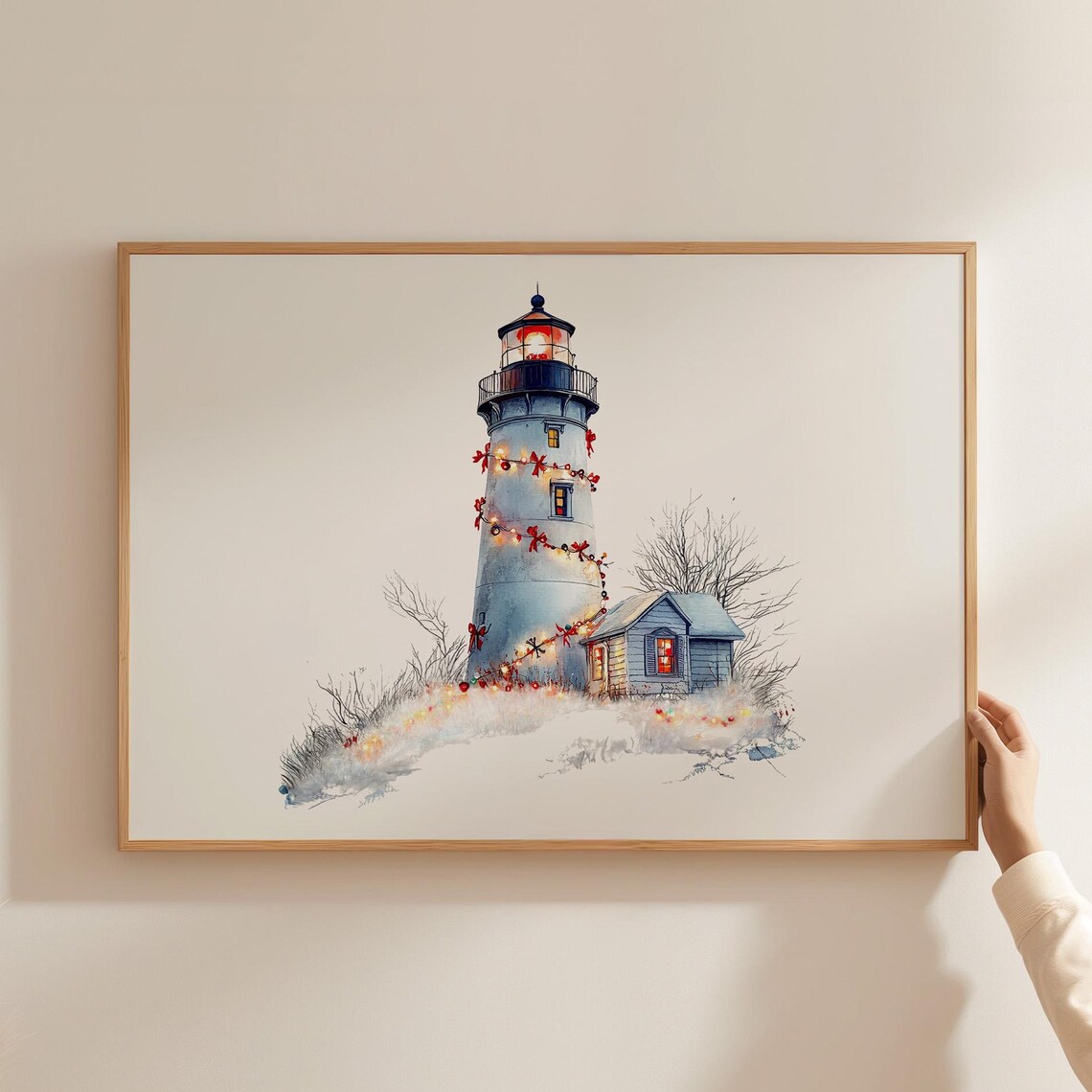 Watercolor Lighthouse Christmas Lights Snowy Coastal Holiday Poster