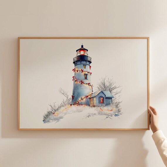 Watercolor Lighthouse Christmas Lights Snowy Coastal Holiday Poster