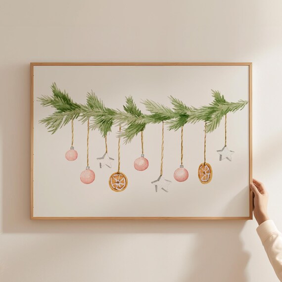 Pine Garland Baubles And Stars Watercolor Christmas Holiday Wall Art