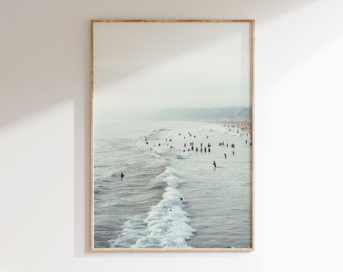 Pastel Beach Photography Minimalist Ocean Waves Surfers Morning Print