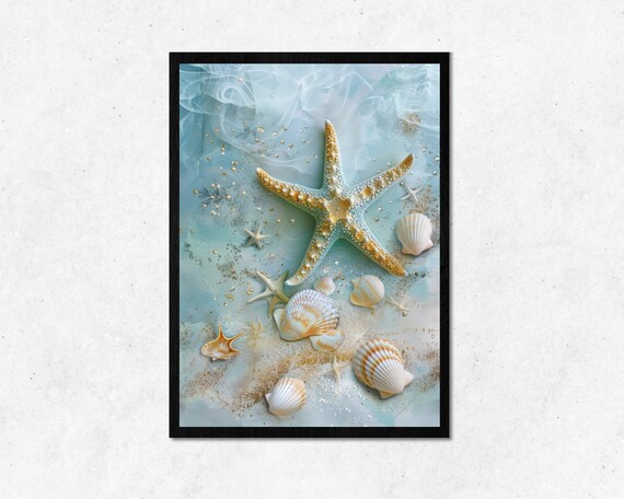 Starfish With Shells Wall Art L Calm Beach Design Home Decoration Instant Fresh Blue Ocean Frame Room Decor