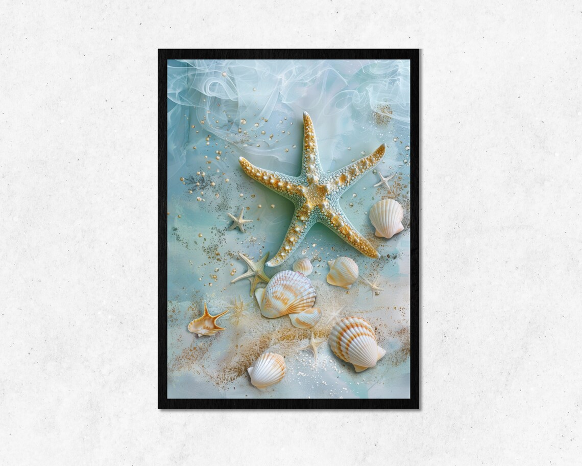 Starfish With Shells Wall Art L Calm Beach Design Home Decoration Instant Fresh Blue Ocean Frame Room Decor