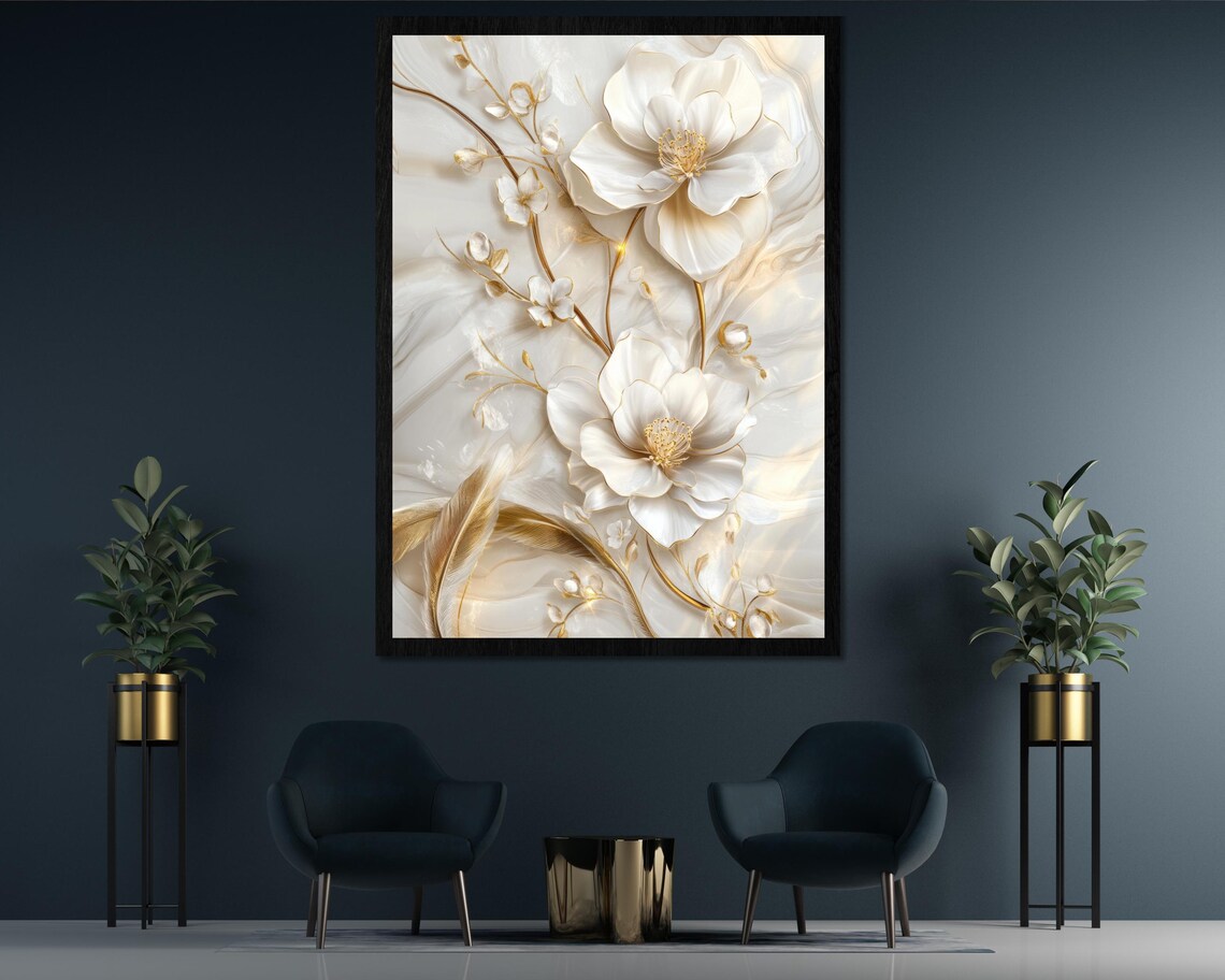 Elegant White Flower Gold Feather Luxury 3D Marble Floral Art Poster