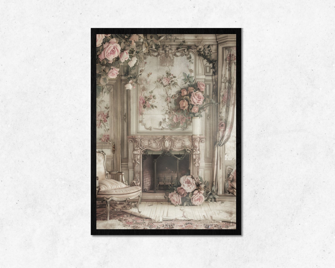 Romantic Vintage Fireplace With Pink Roses Shabby Chic Room Poster
