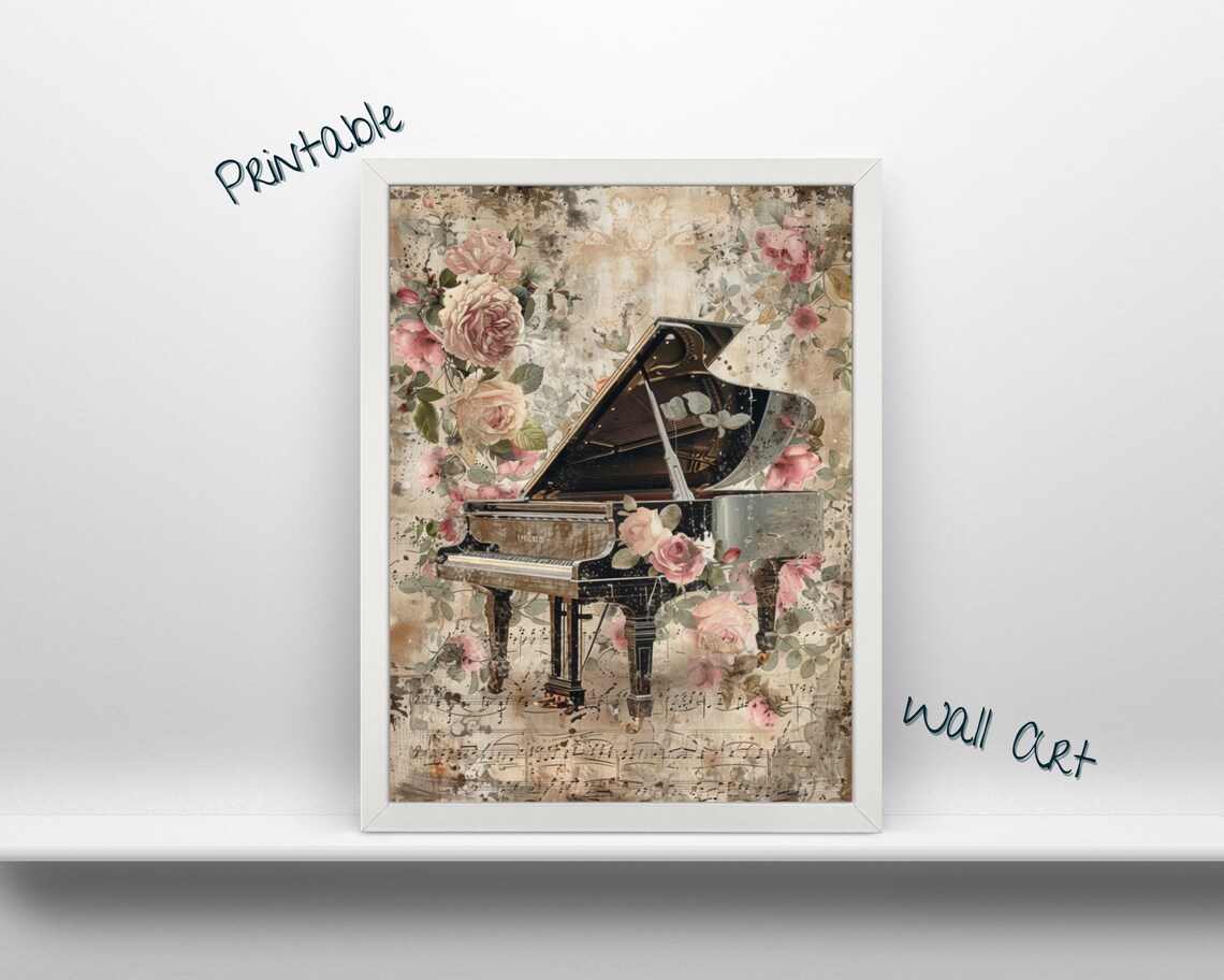 Vintage Grand Piano With Pink Roses Shabby Chic Music Poster