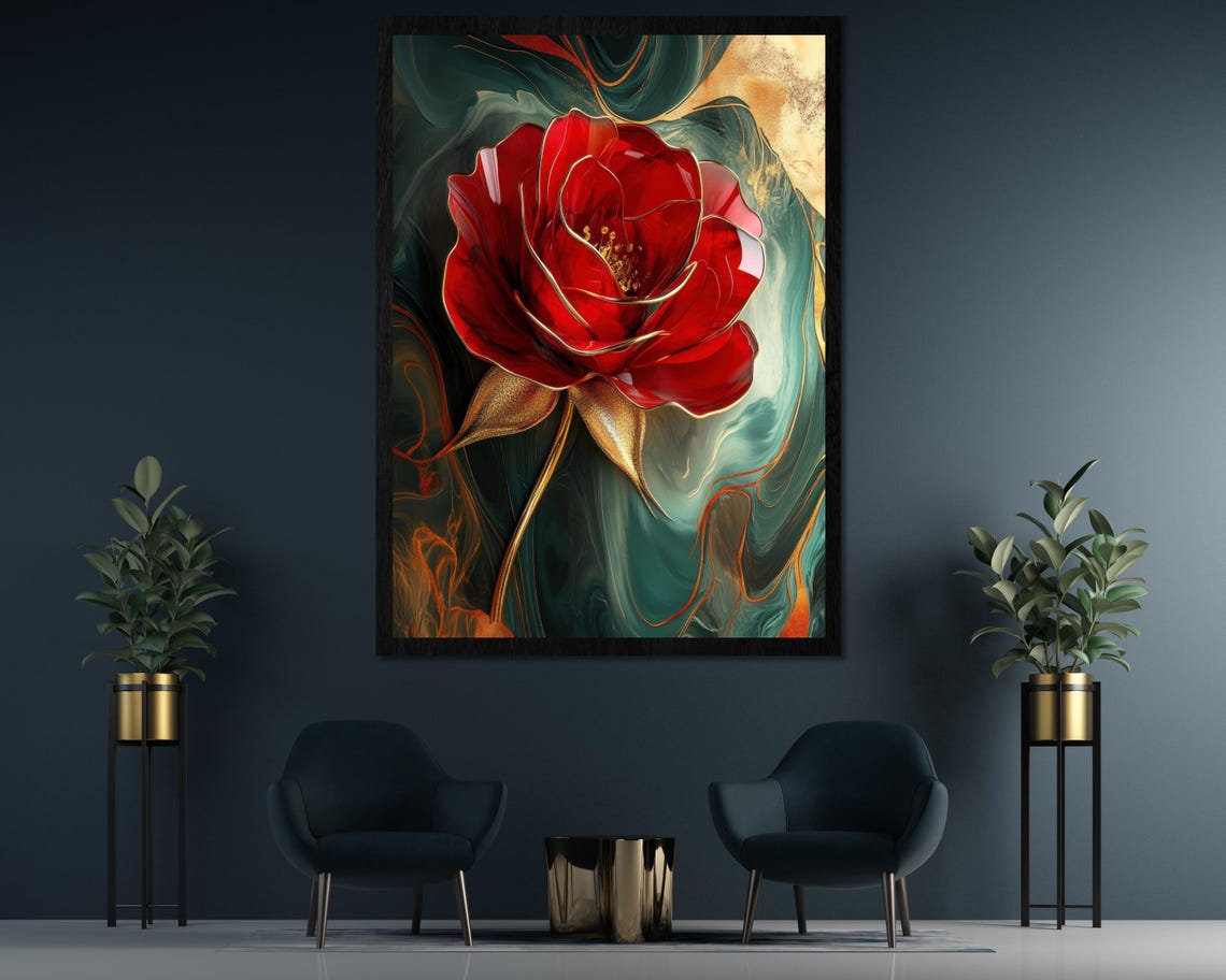 Luxury Red Rose With Green Marble Flower Golden Accent Room Poster