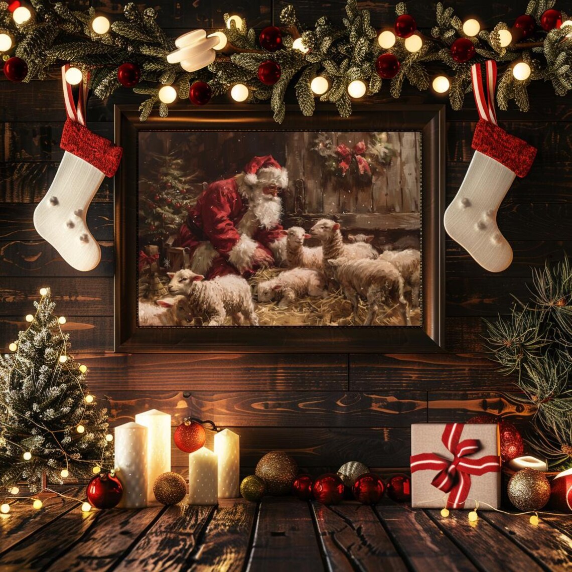 Santa Farm with Lambs, Vintage Christmas Art Print - Image 2