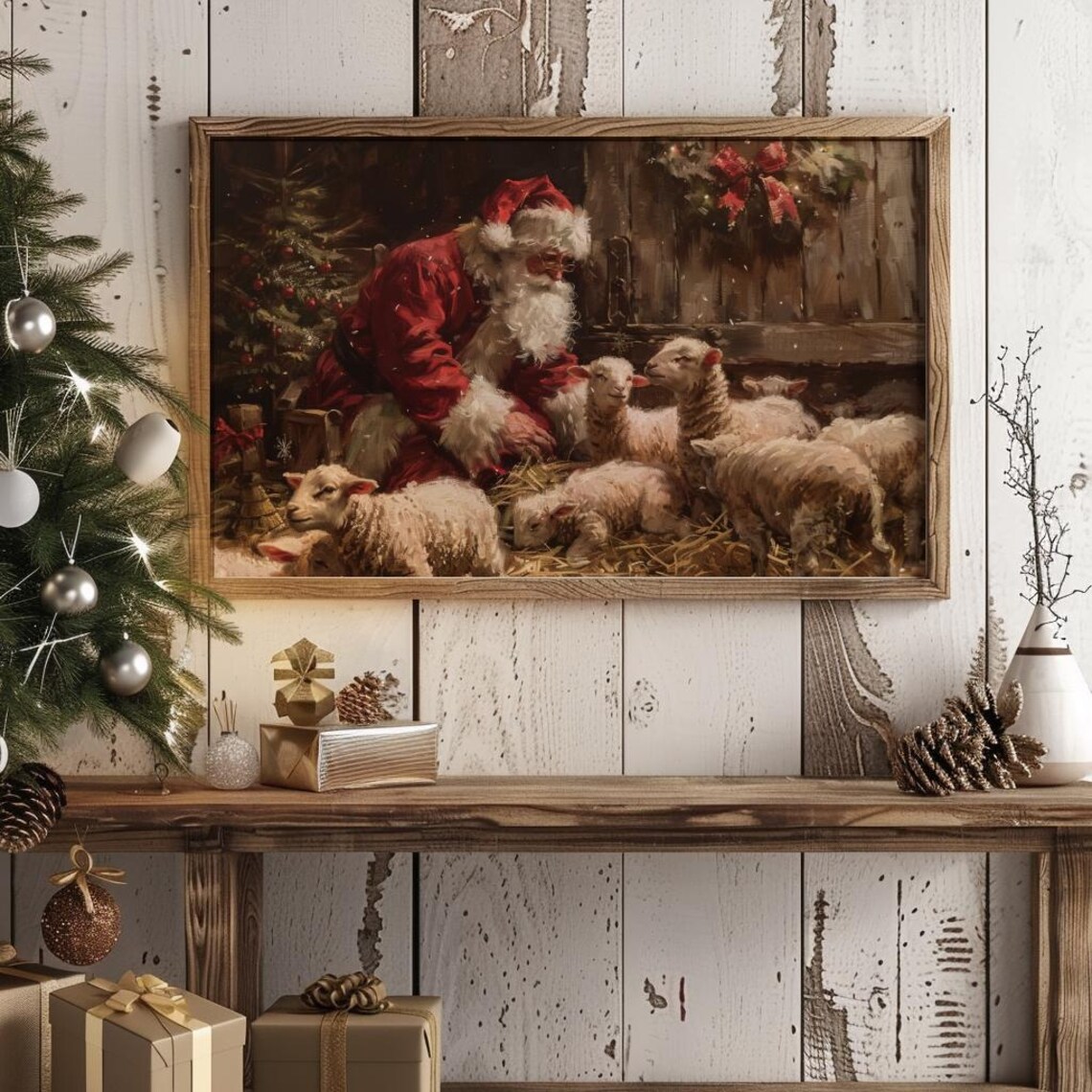 Santa Farm with Lambs, Vintage Christmas Art Print - Image 4