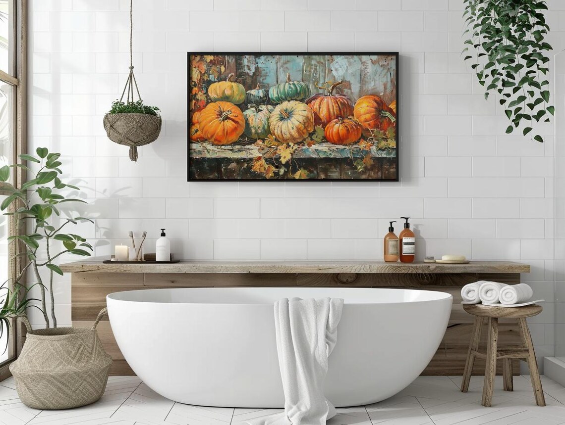 Colorful Harvest Pumpkins Gourds Rustic Bench Fall Still Life Oil Painting Poster - Image 2
