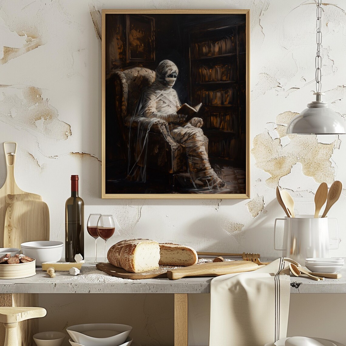 Spooky Mummy Reading Dark Library Armchair Halloween Oil Painting Poster - Image 2