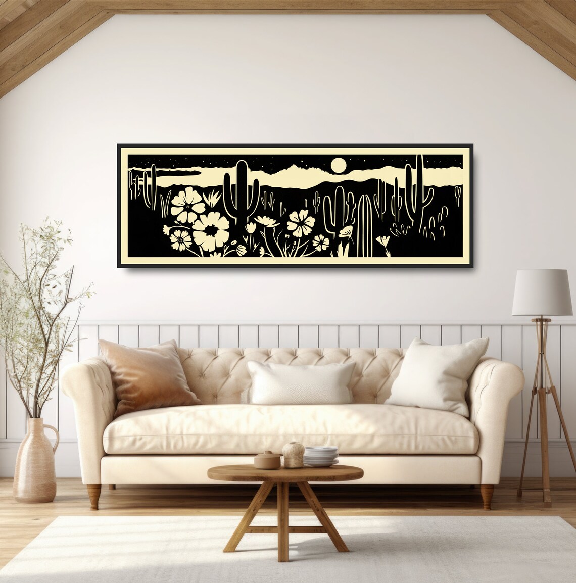 Desert Night Wildflowers Saguaro Cactus Moon Woodcut Style Poster - Image 5