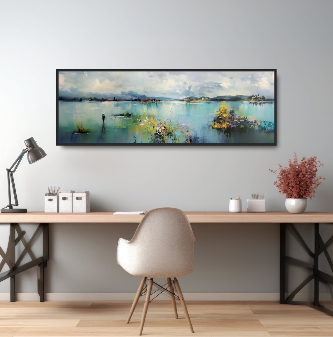 Colorful Wildflowers Turquoise Lake Impressionist Landscape Poster - Image 3