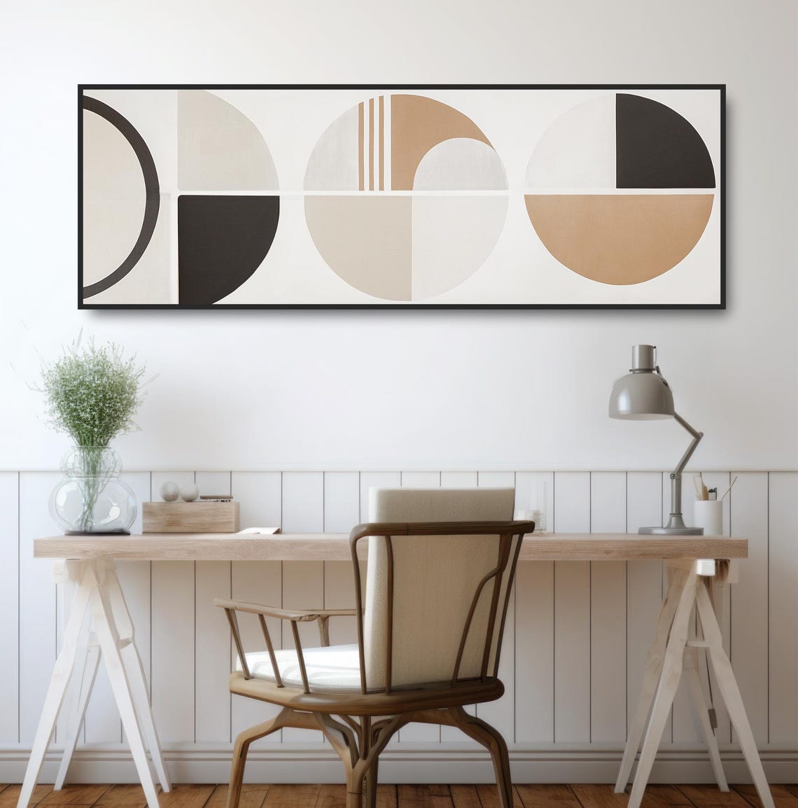 Neutral Abstract Wall Art Geometric Boho Decor Panoramic Beige Black White Painting Minimalist Contemporary Circles Mcm Artwork - Image 2