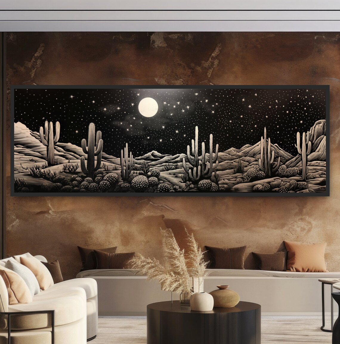 Desert Starry Night Cactus Art Print, Retro Western Boho