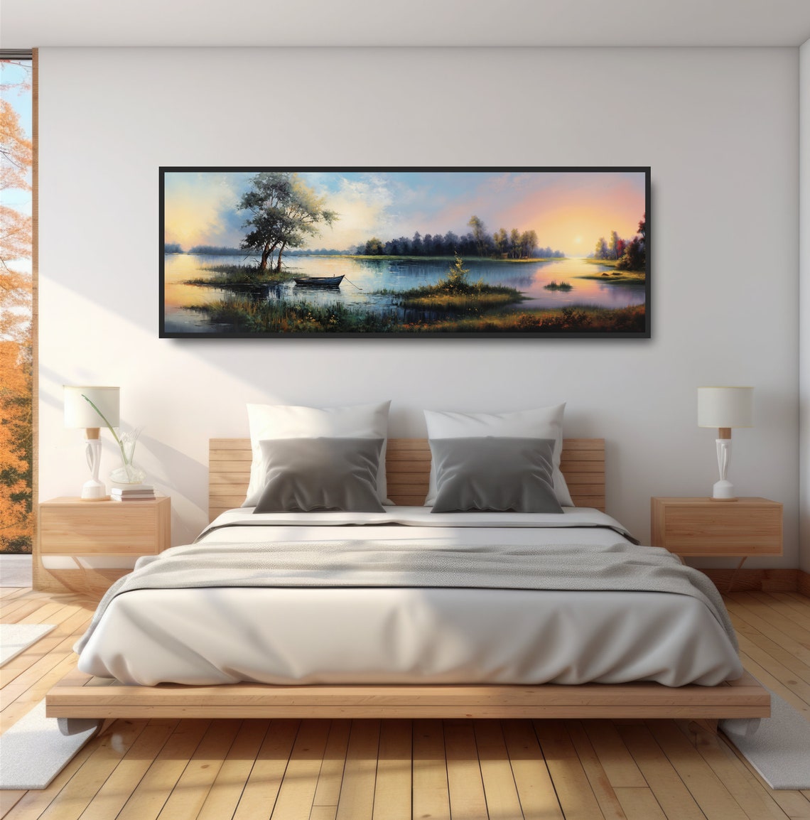 Serene Lake Sunset Rowboat Painting Pastel Sky Tranquil Wall Poster - Image 3