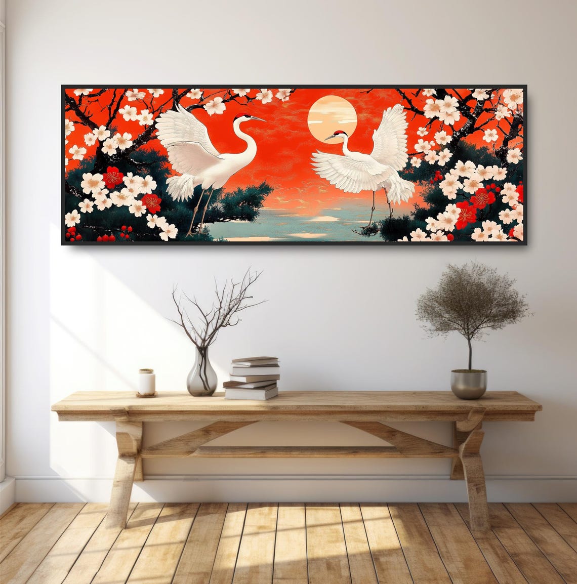 Japanese Cranes Red Sunset Painting Cherry Blossom Birds Print - Image 2