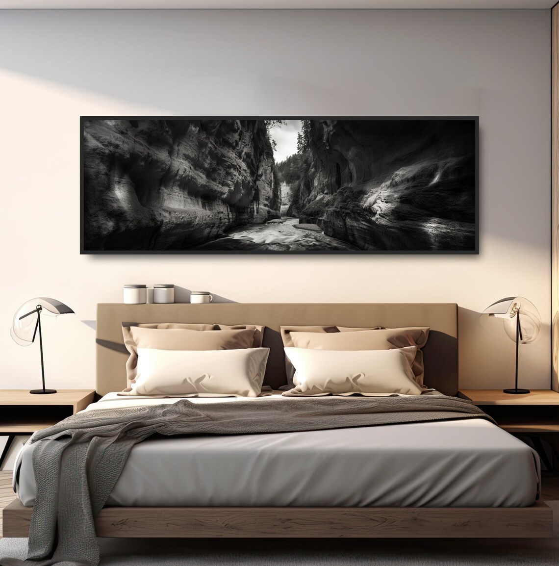 Black White Slot Canyon Walls Stream Monochrome Nature Photo Poster - Image 4
