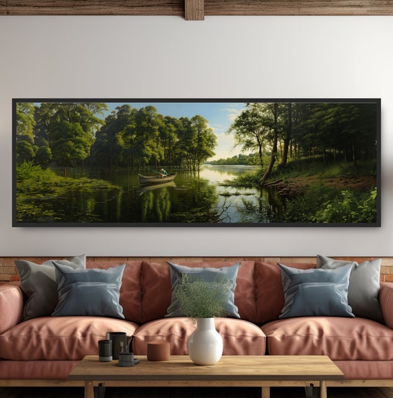 Gift For Fisherman Lake Fishing In A Canoe Panoramic Landscape Oil Painting Dark Green Lakehouse Decor Boat Tranquil Pond Calm River
