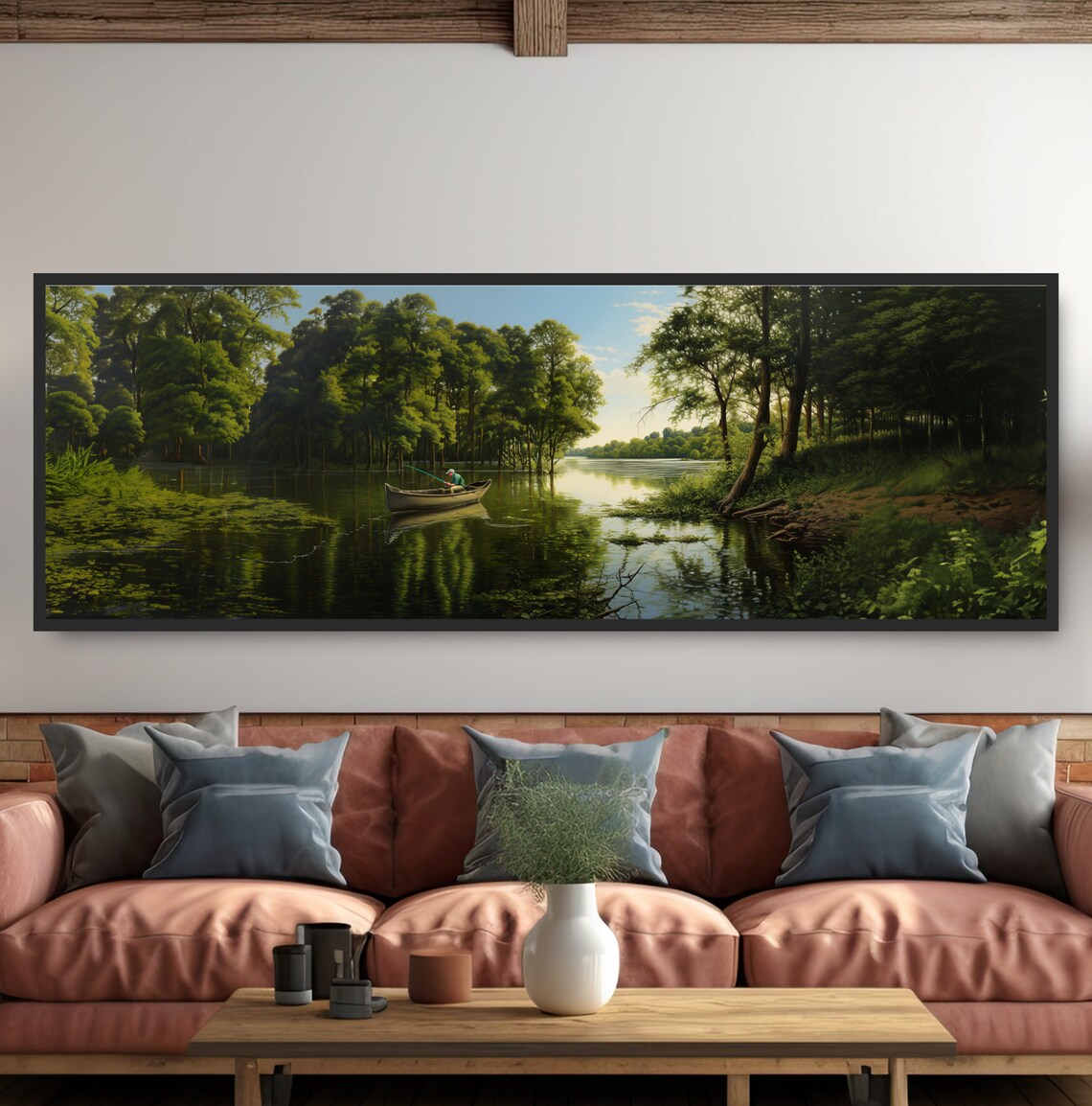 Gift For Fisherman Lake Fishing In A Canoe Panoramic Landscape Oil Painting Dark Green Lakehouse Decor Boat Tranquil Pond Calm River
