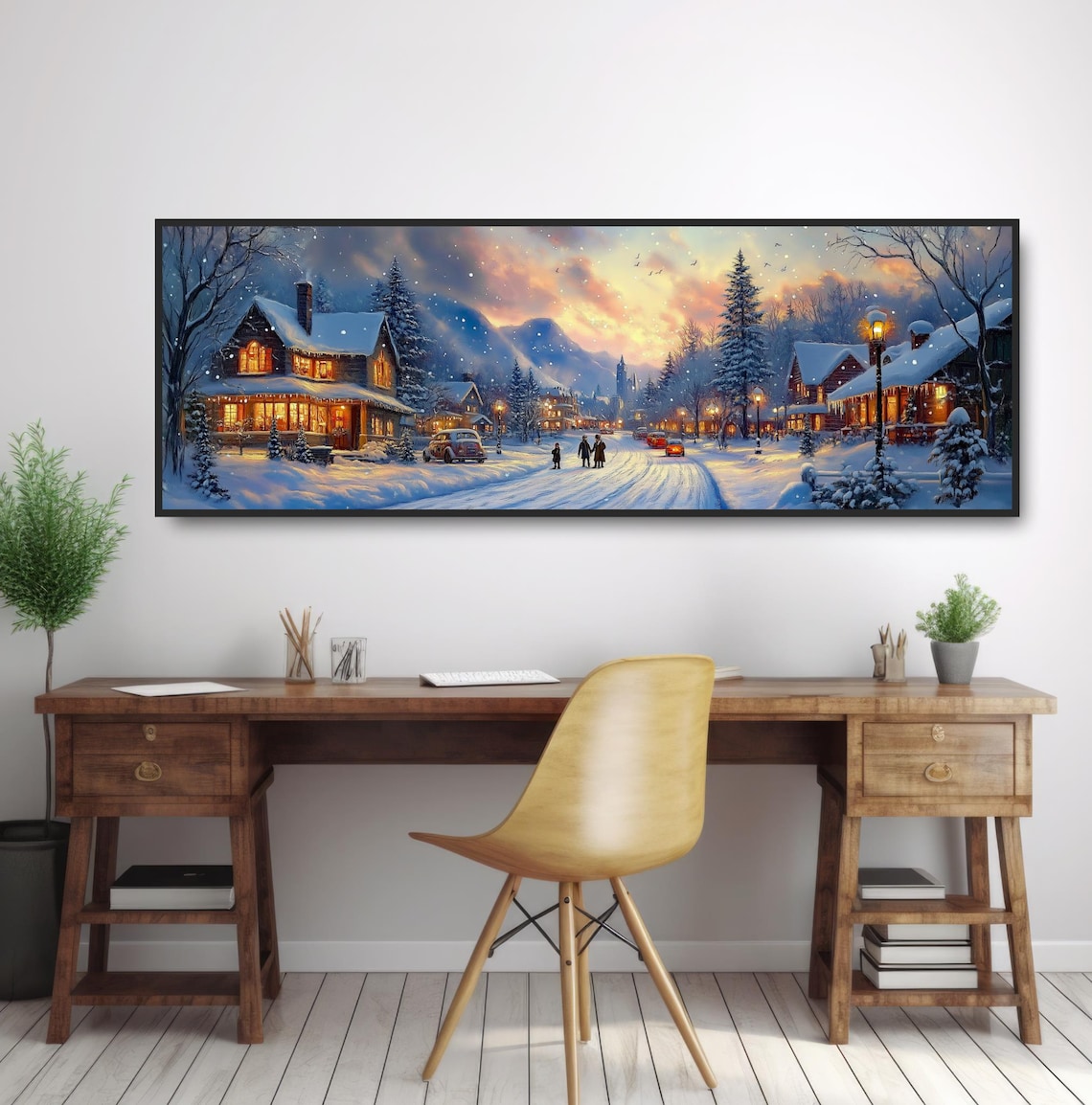 Snowy Mountain Village Street At Dusk Warm Lights Winter Art Poster - Image 2
