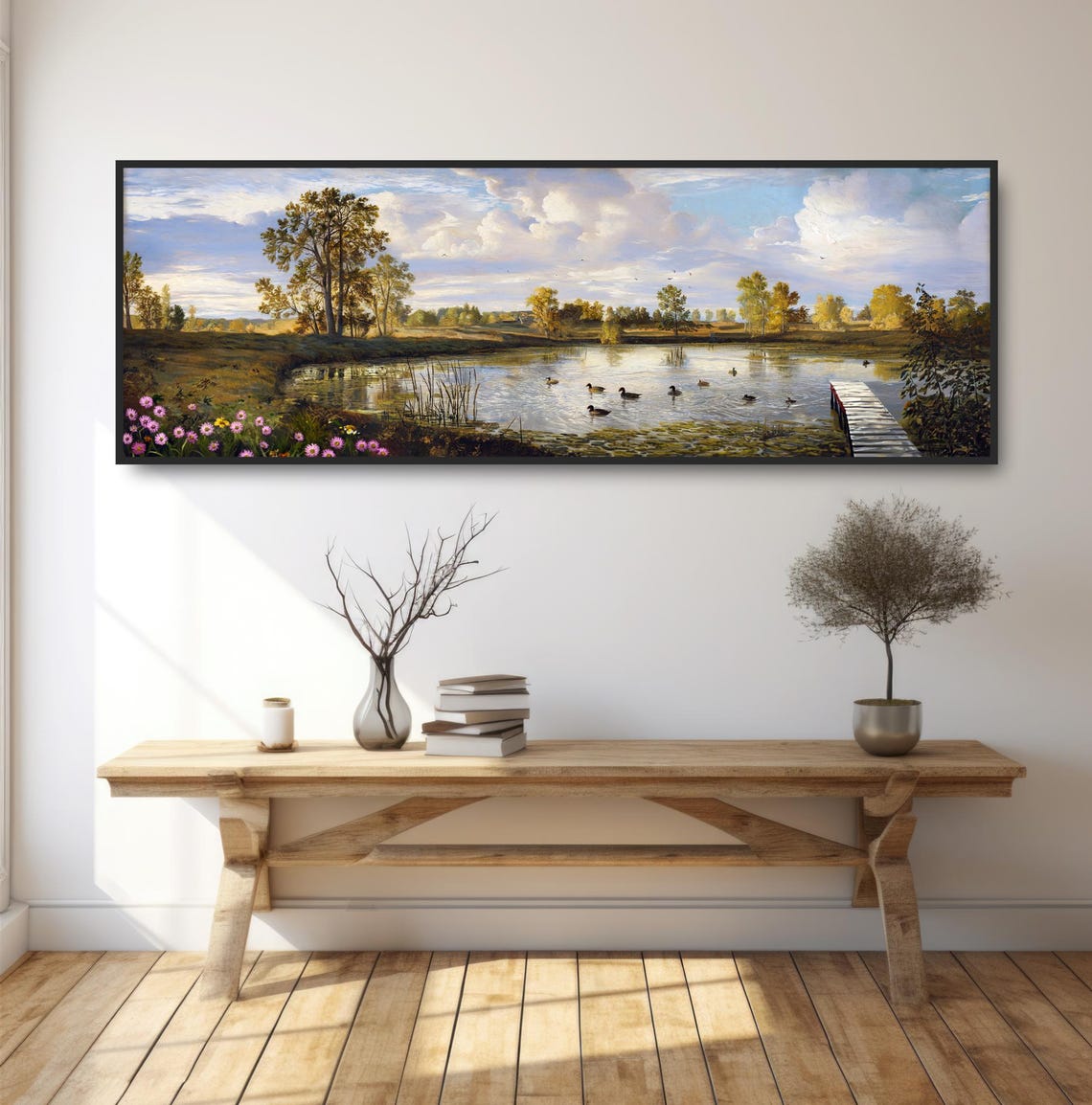 Duck Pond Morning Wooden Dock Panoramic Traditional Landscape Poster - Image 2