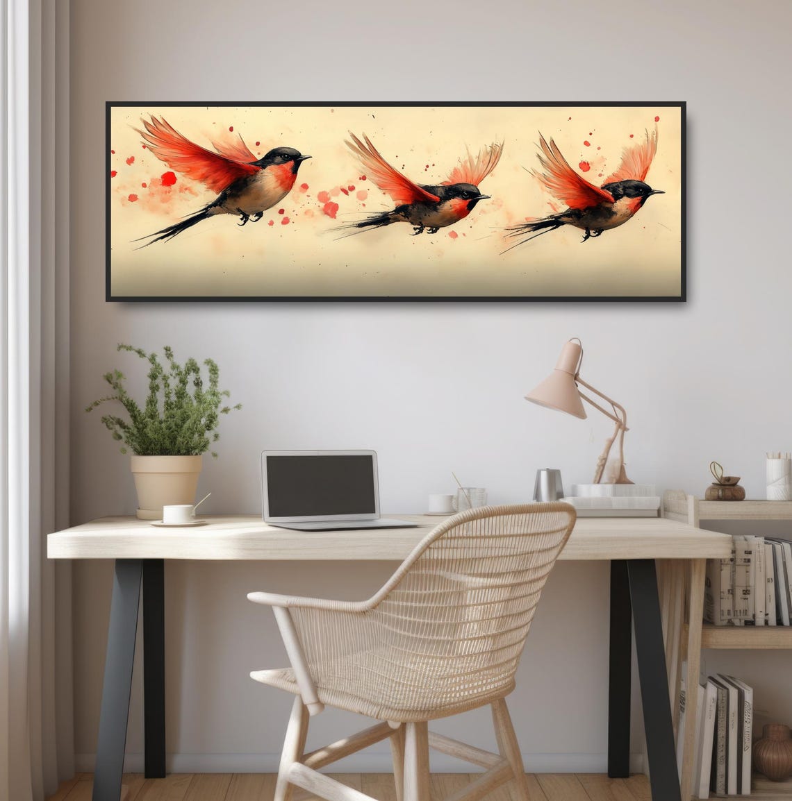 Three Flying Songbirds Red Wings Modern Watercolor Splash Art Poster - Image 2