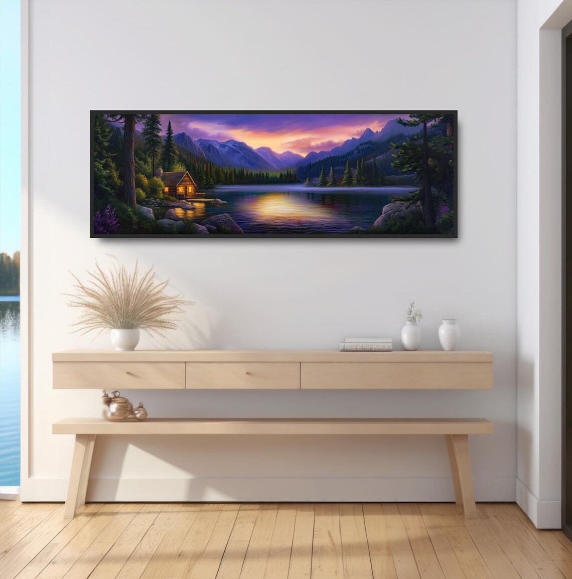 Blue Mountains Log Cabin Lake Sunset Art Print - Image 2