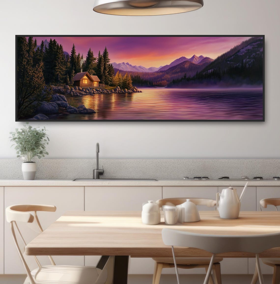 Cozy Log Cabin Mountain Lake Sunset Panoramic Pink Sky Wall Art - Image 3