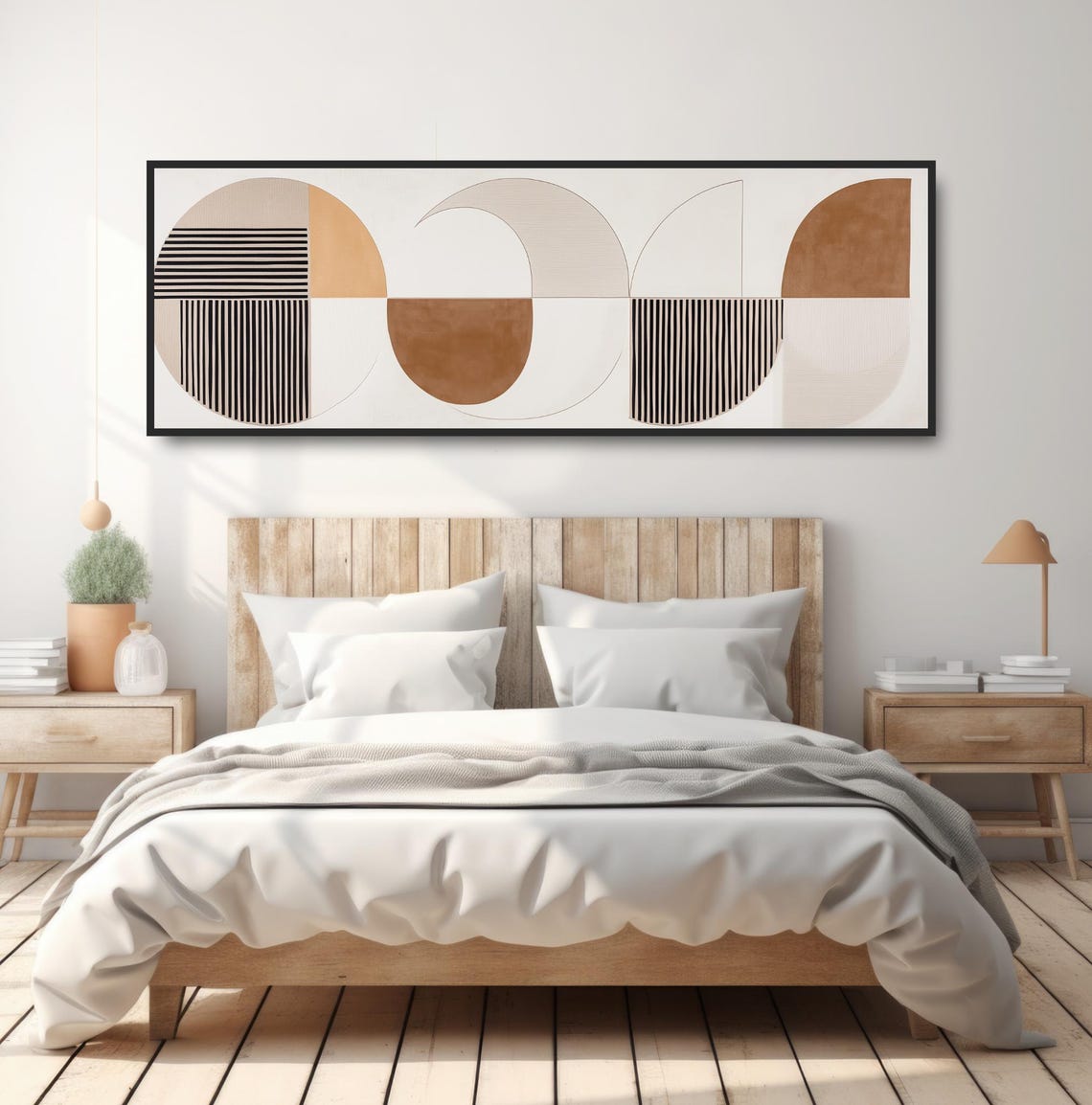 Geometric Boho Abstract Wall Art Neutral Beige Black Tan Panoramic Minimalist Painting Scandi Style Mcm Decor Contemporary Circles - Image 4