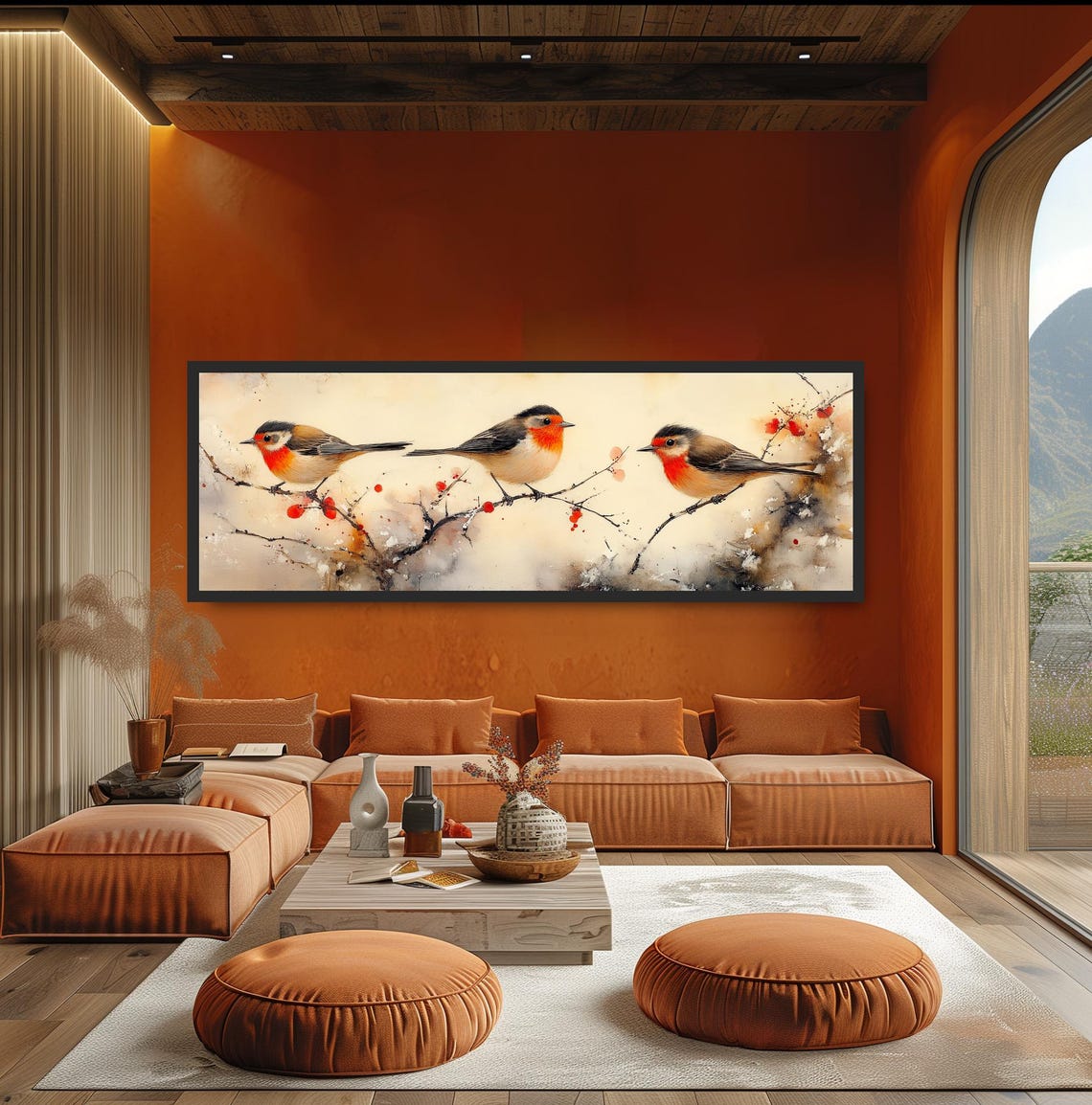 Three Songbirds On Branch Japanese Watercolor Red Breast Bird Poster - Image 5