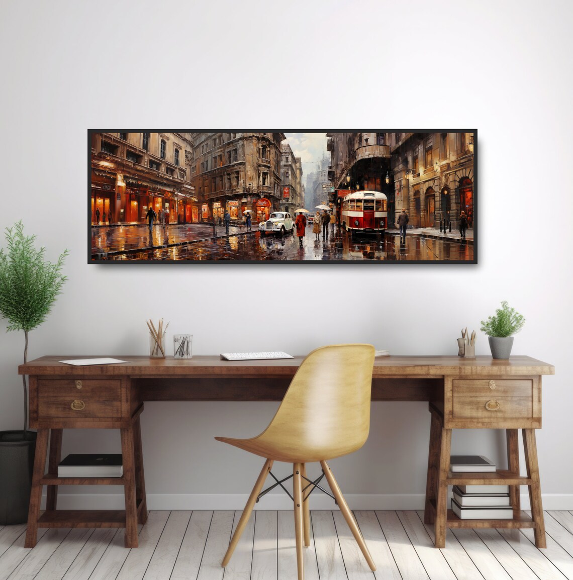 1950s European City Rainy Street Tram Classic Cars Oil Painting Poster - Image 2