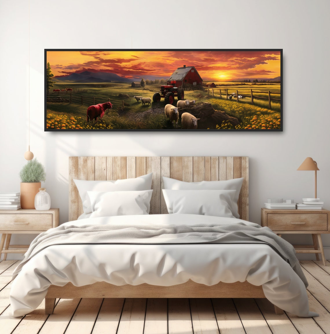 Sheep Farm at Sunset Red Barn Tractor Panoramic Countryside Wall Art - Image 5