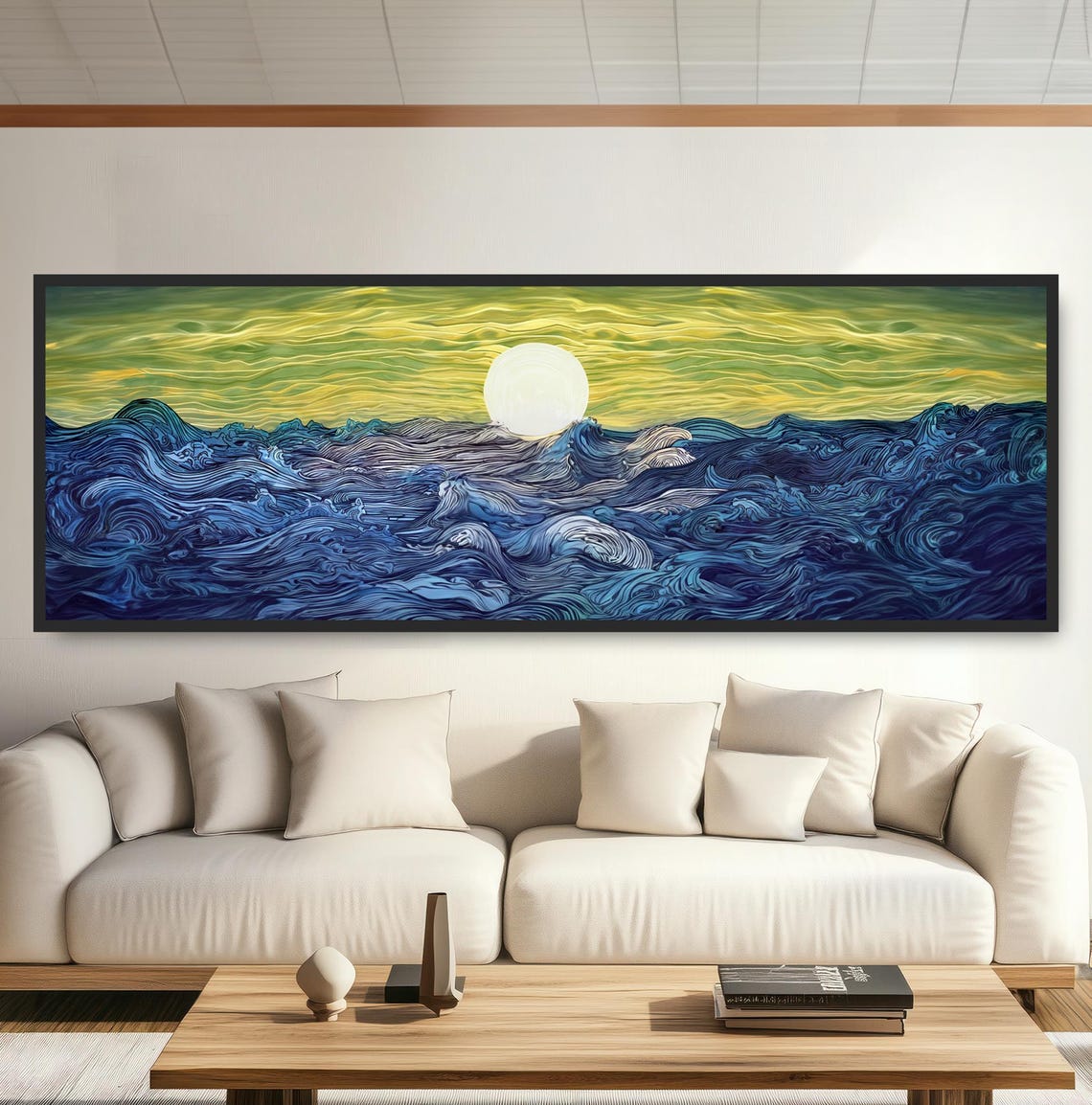 Full Moon Ocean Waves Dark Blue Swirling Sea Japanese Wall Poster
