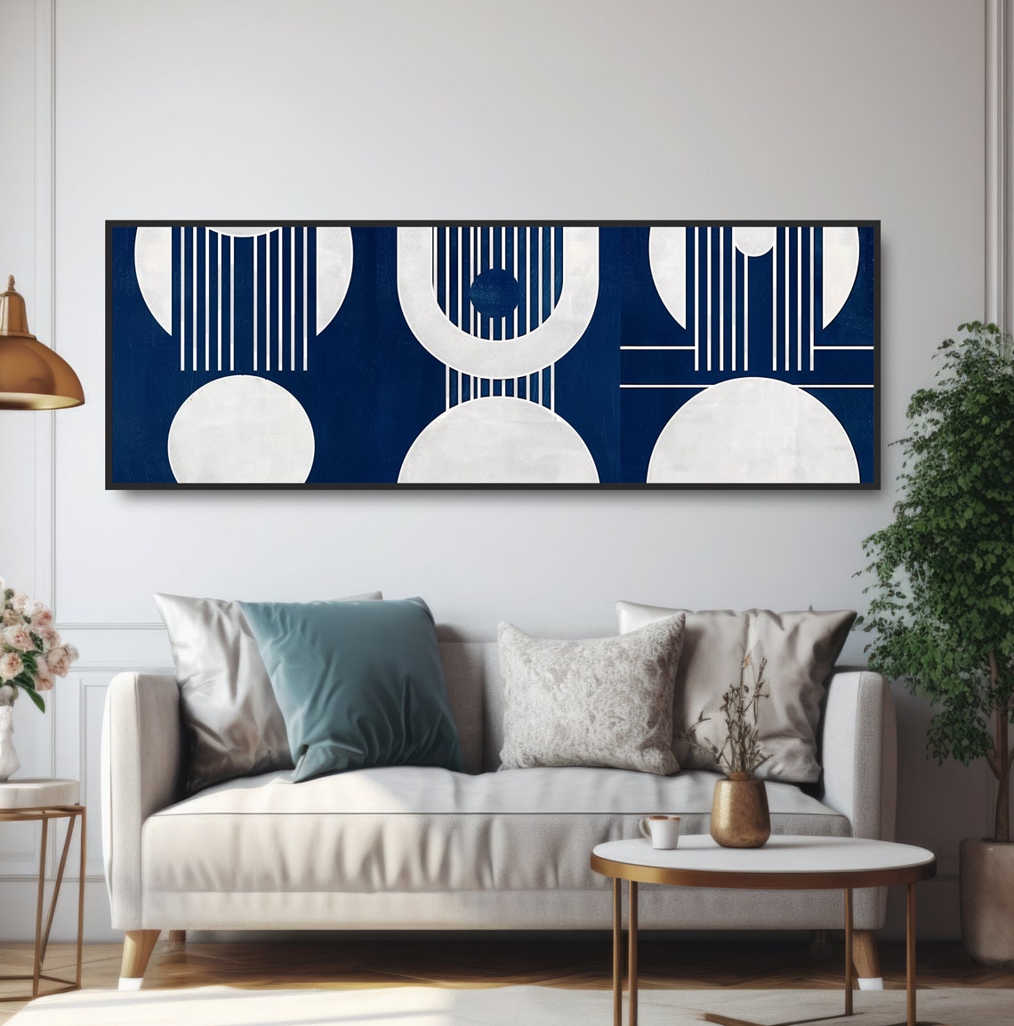 Geometric Shapes Abstract Painting Navy Blue White Monochromatic Minimalist Midcentury Modern Art Panoramic Elegant Circles Art Deco Decor - Image 5