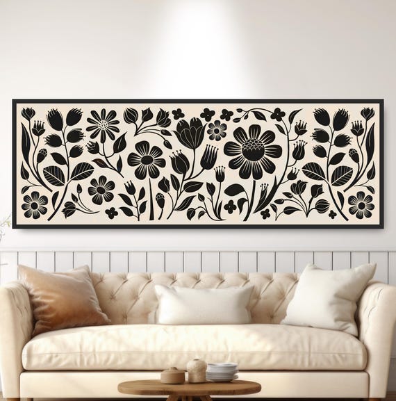 Abstract Floral Folk Art Bold Black And White Monochromatic Print Rustic Boho Botanical Wall Decor Mid Century Modern Scandinavian Print
