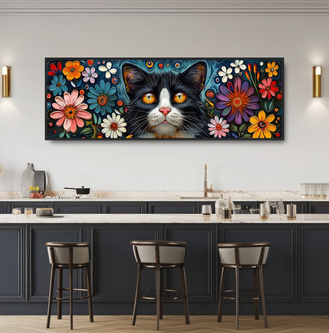 Mexican Folk Art Black Cat Colorful Flowers Psychedelic Garden Poster - Image 3