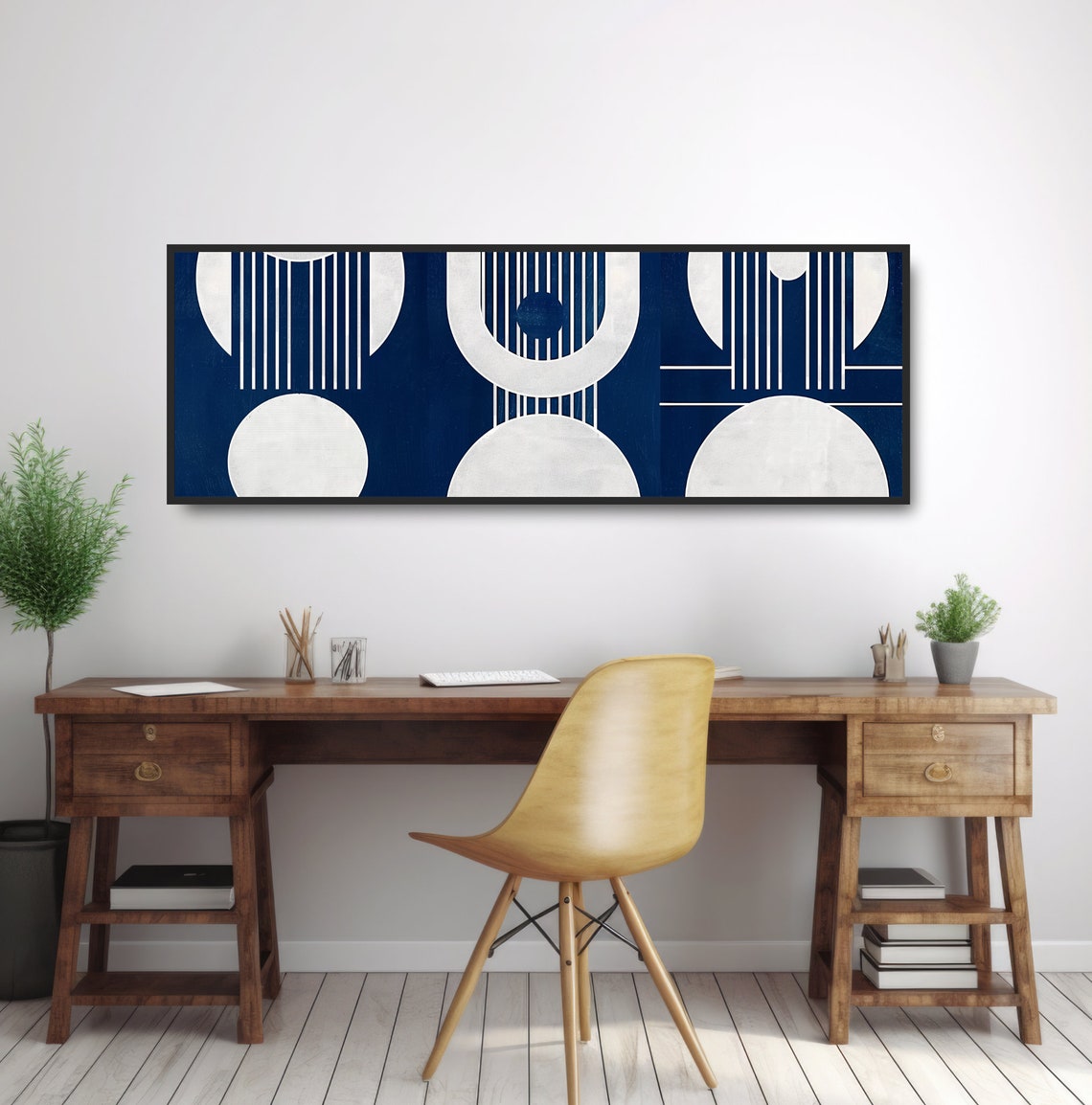 Geometric Shapes Abstract Painting Navy Blue White Monochromatic Minimalist Midcentury Modern Art Panoramic Elegant Circles Art Deco Decor - Image 2