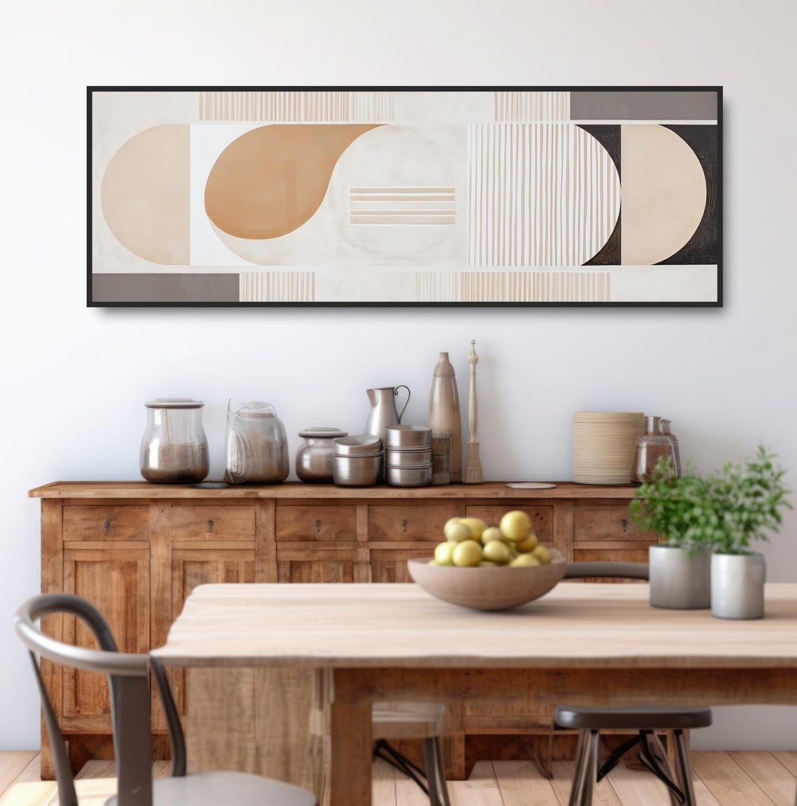 Geometric Curves Painting Print Modern Striped Design Beige Black White Wall Art Minimalist Abstract Panoramic Boho Decor Artwork - Image 3