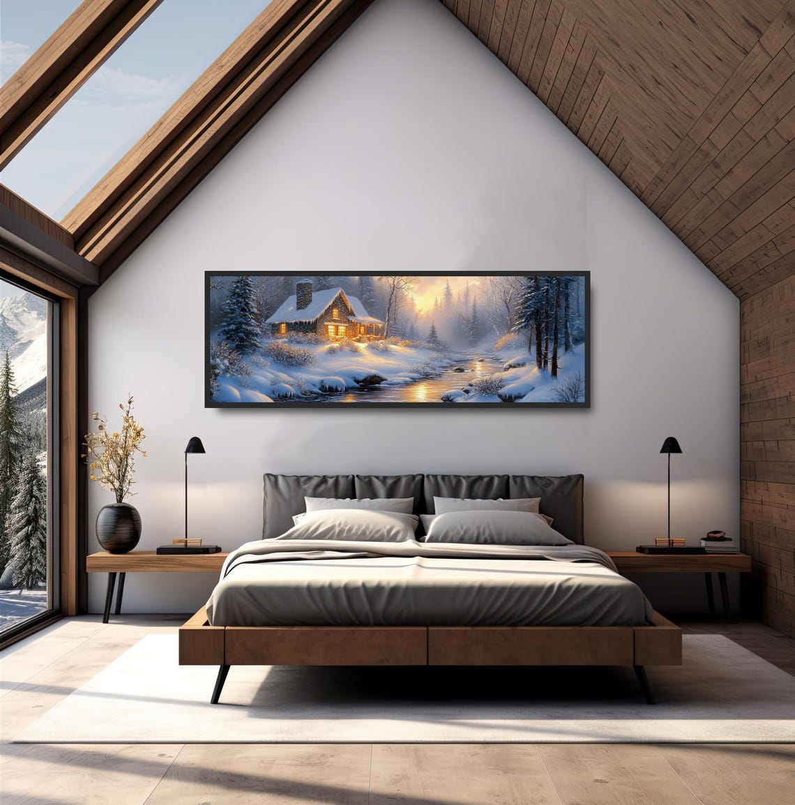 Glowing Winter Stone Cottage Snowy Forest River Landscape Poster - Image 4