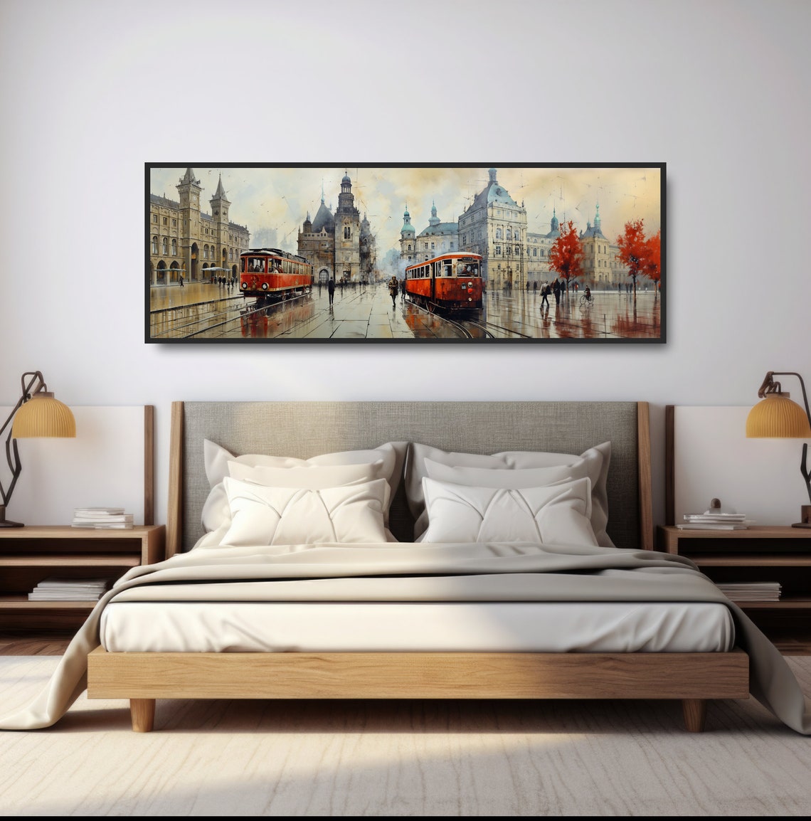 European Old Town Square Red Trams Rainy Day Cityscape Poster - Image 4