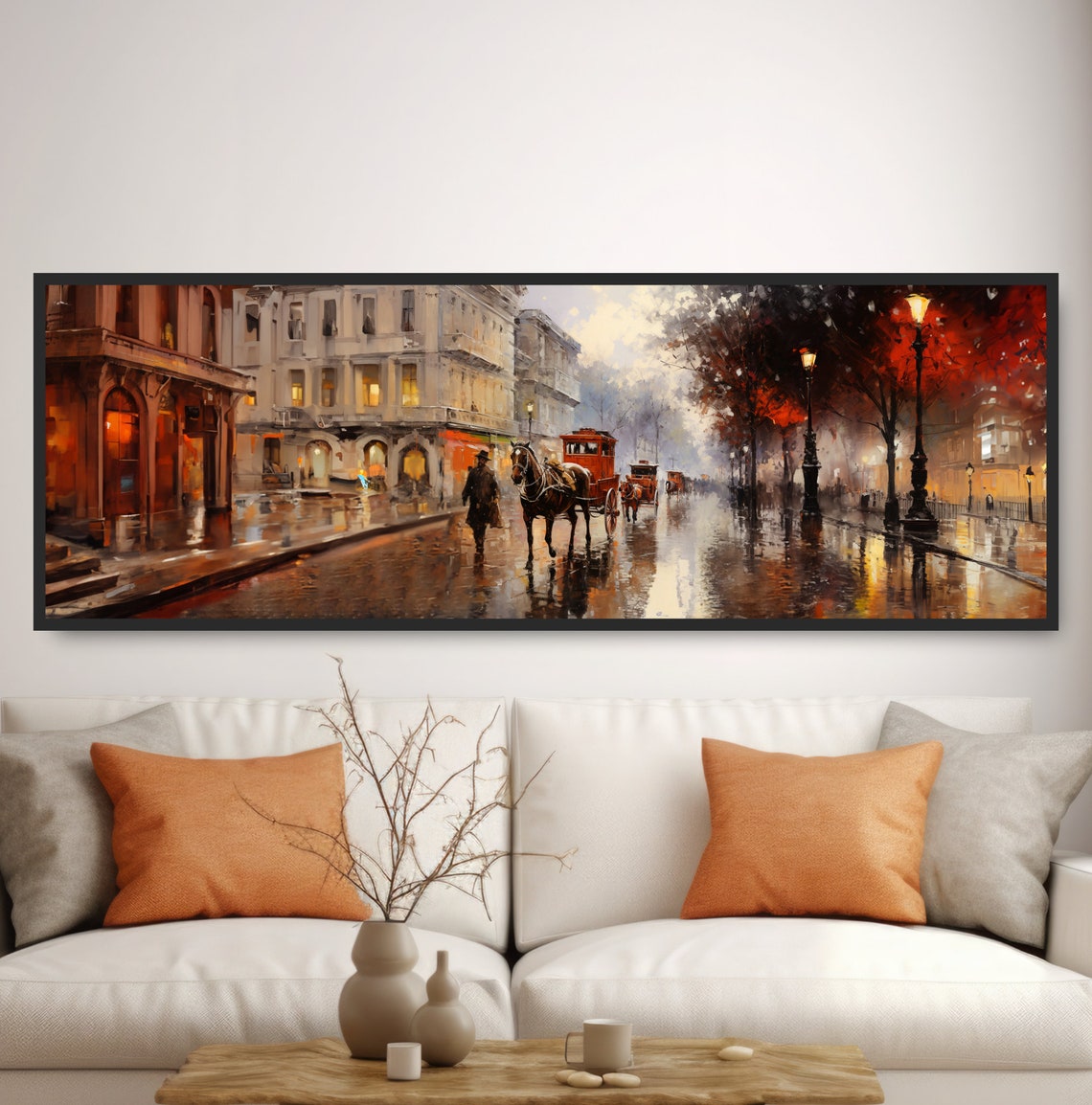 Horse And Carriage City Victorian Street Scene Traditional Classic Vintage Equine Oil Painting Print Wide Panoramic Brown Beige Cityscape