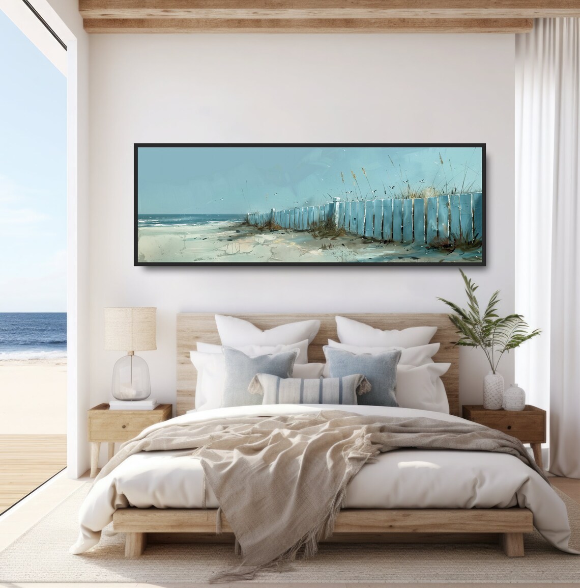 Coastal Beach Fence Watercolor Seascape Panoramic Ocean Dunes Poster - Image 4