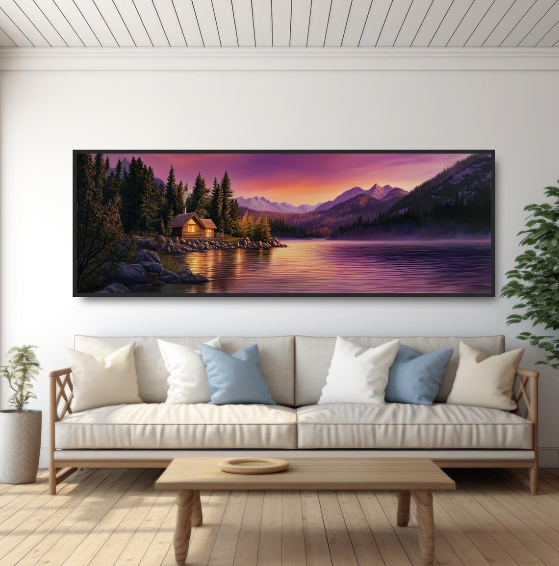 Cozy Log Cabin Mountain Lake Sunset Panoramic Pink Sky Wall Art - Image 5