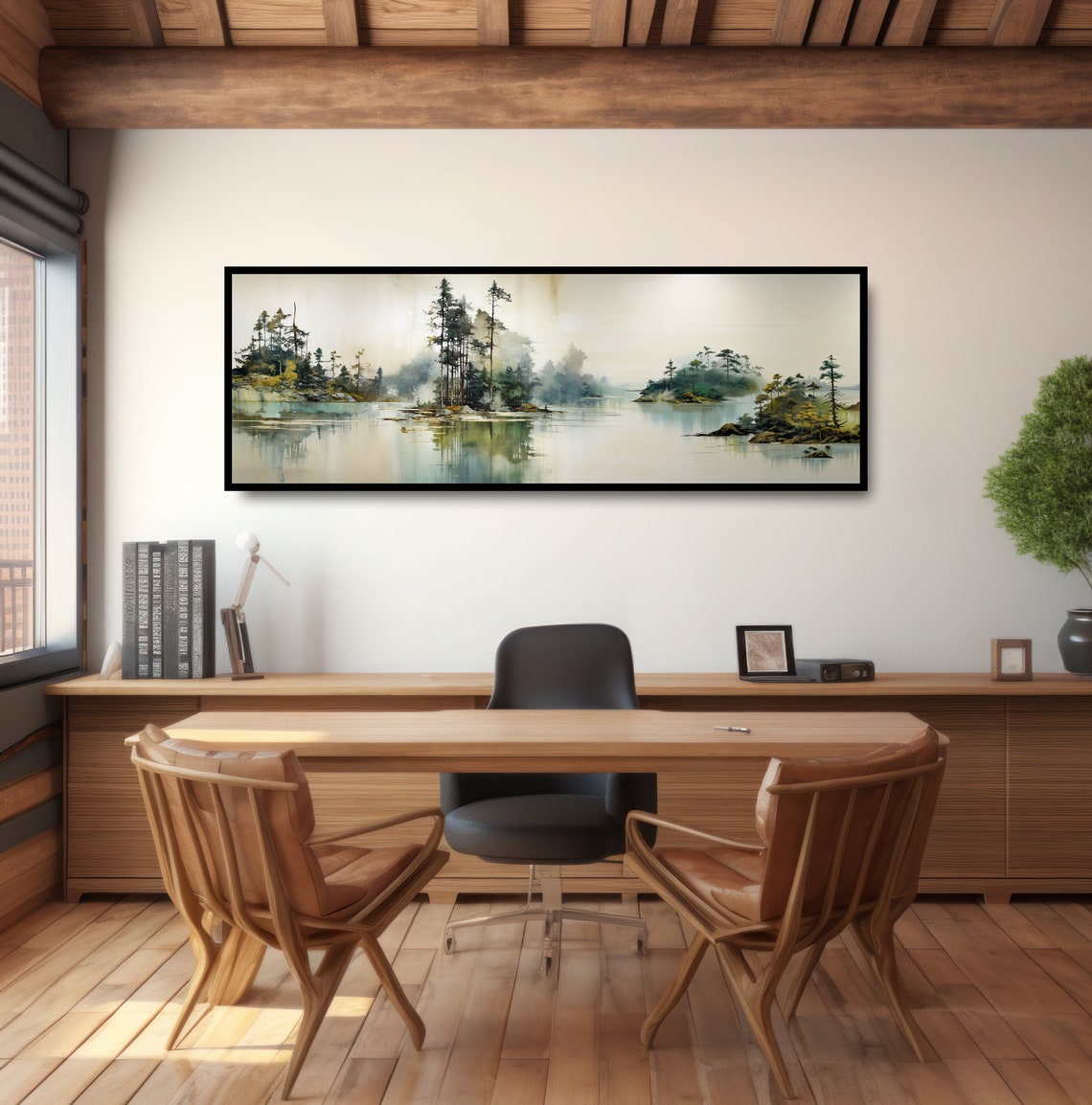 Misty Lake Islands Ink Wash Watercolor Panoramic Dreamy Pines Poster - Image 3